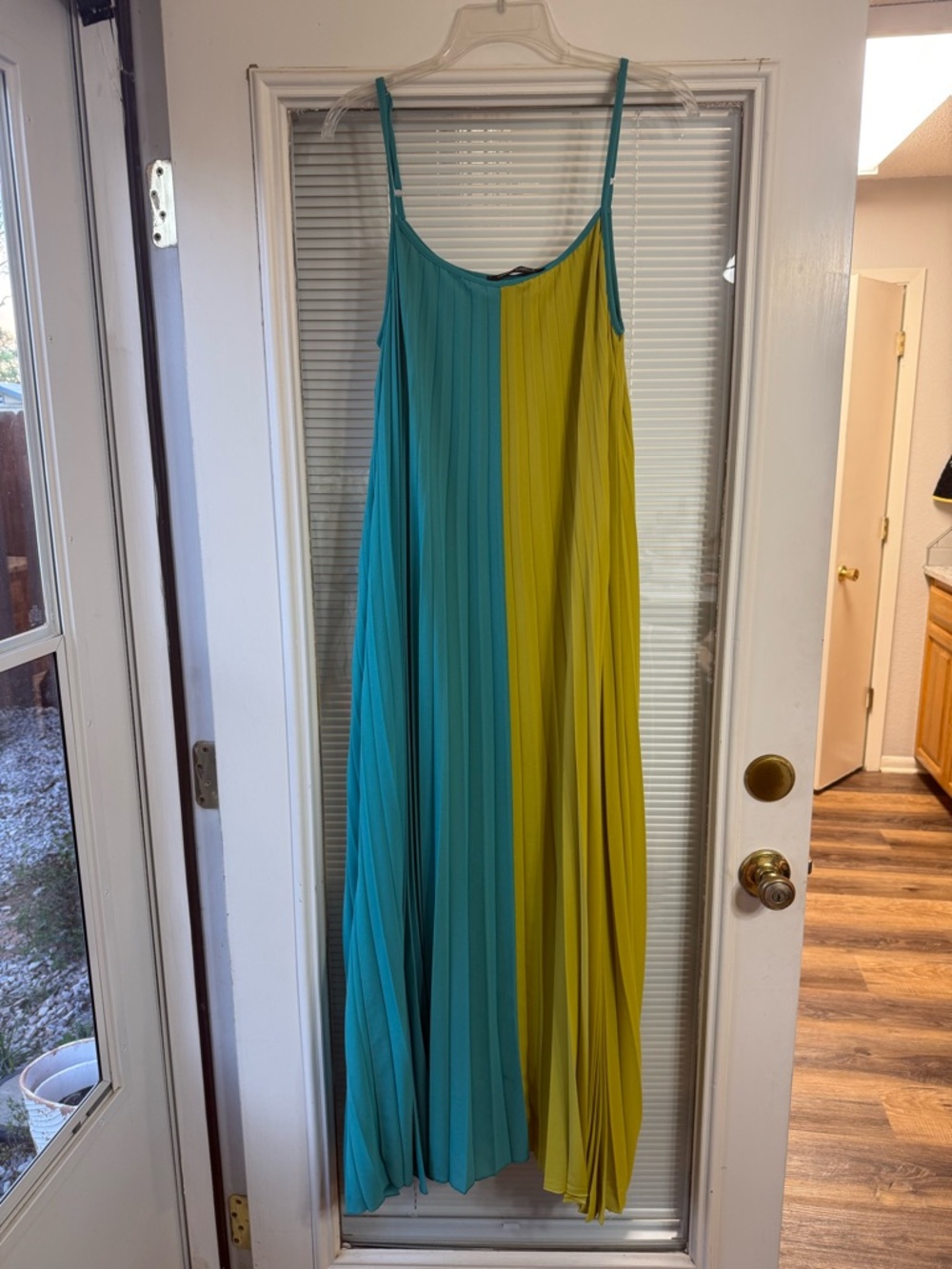 Gabby Isabella Two-Tone Teal and Chartreuse Pleated Maxi Dress